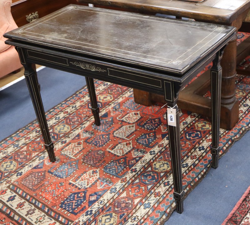 A 19th century ivory-inlaid and ebonised card table, W.91cm, D.45cm, H.72cm